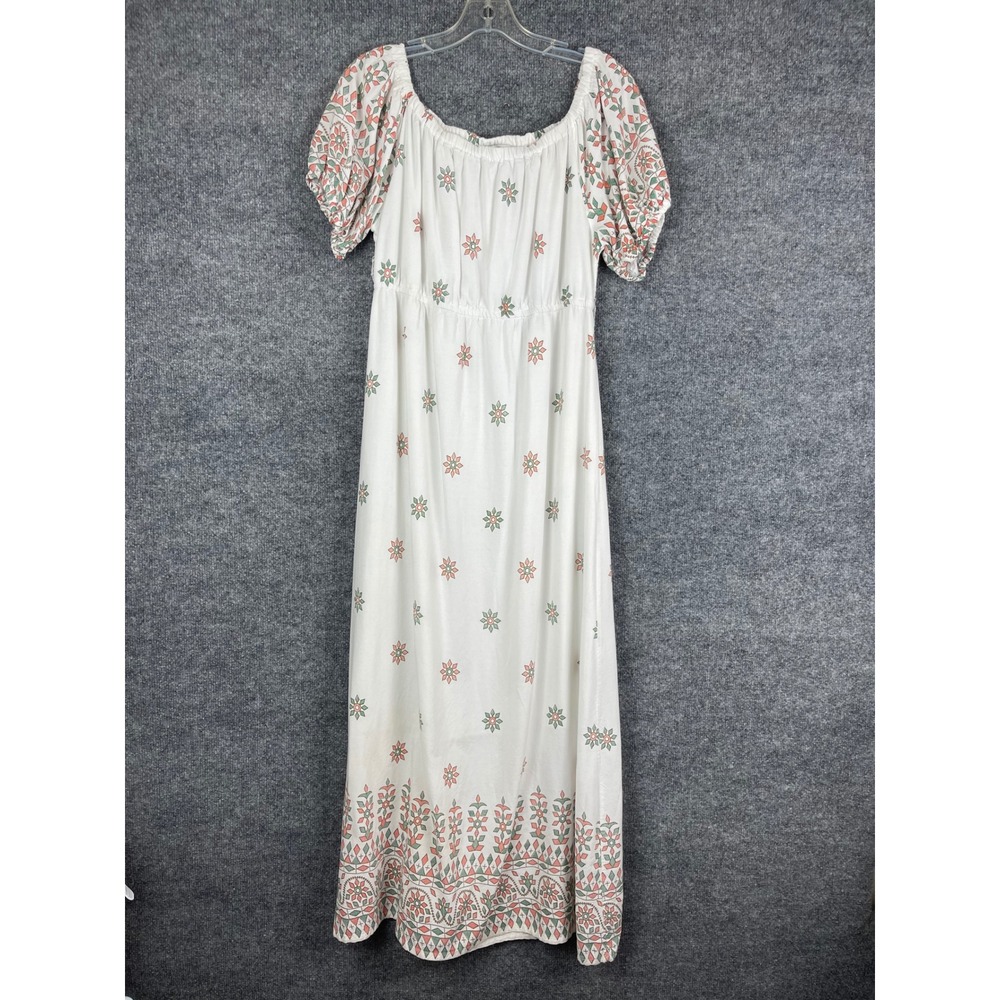 Lapogee Maxi Dress Womens XL White Boho Floral Print Puff Sleeve Excellent
